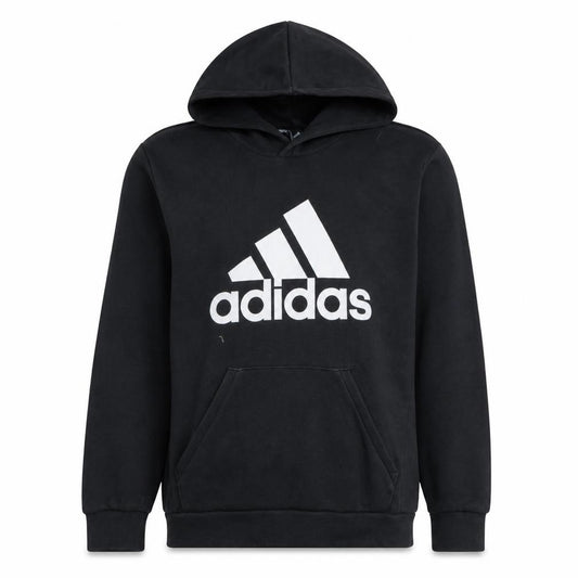Front view of adidas men’s black pullover hoodie medium logo graphic sportswear