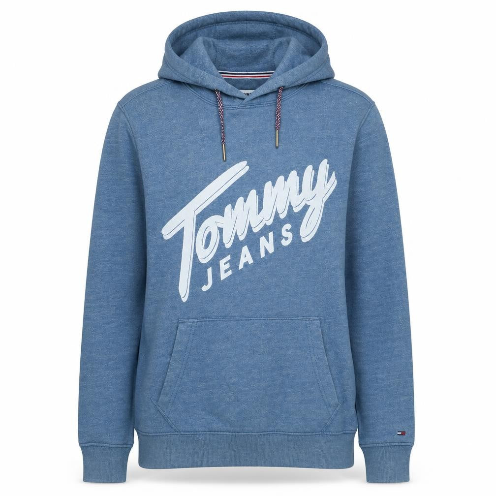 Front view of Tommy Jeans Women's Blue Pullover Hoodie, size M, Cotton Blend