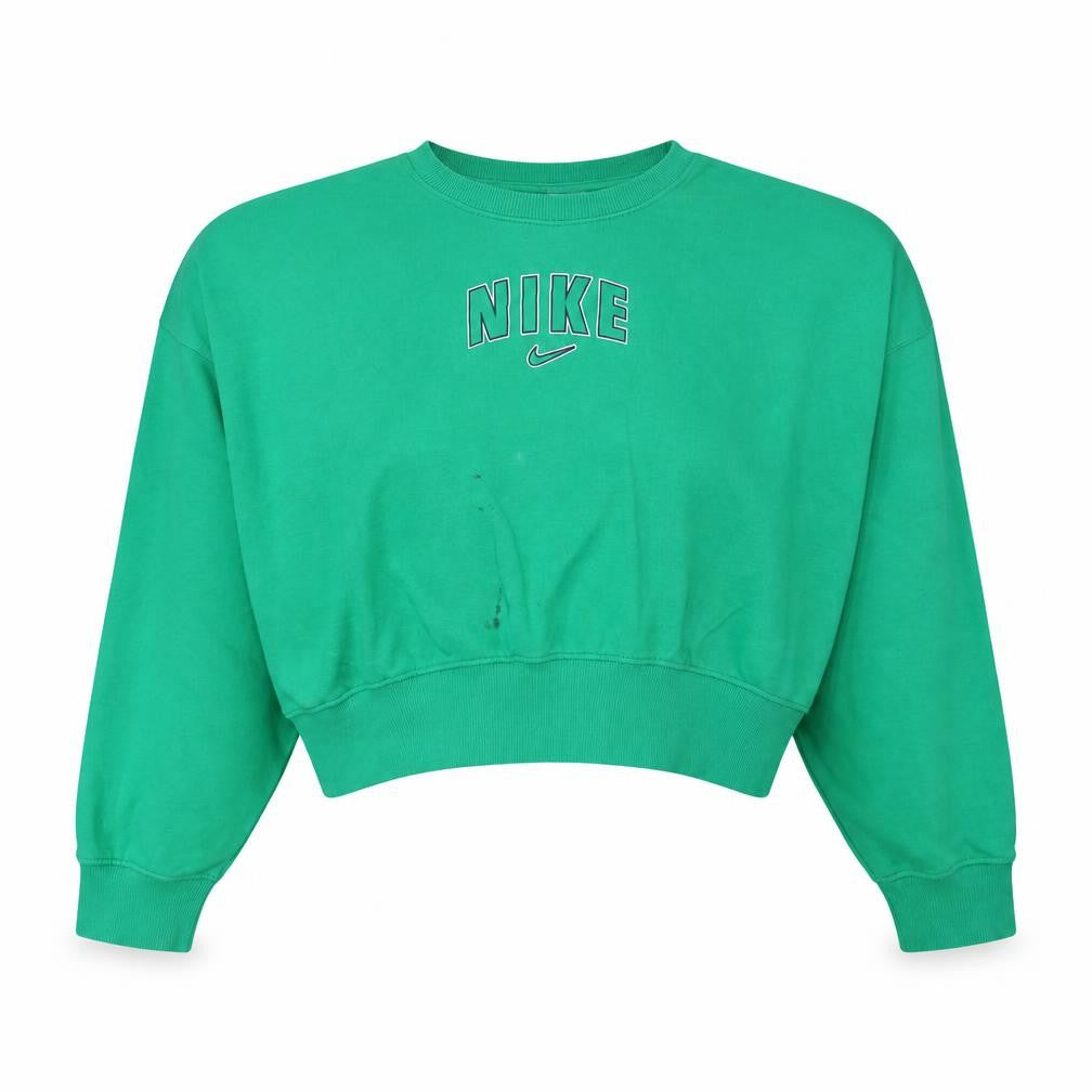 Front view of Nike women’s green cropped pullover sweatshirt m logo crew neck