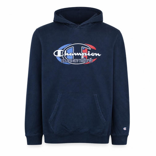 Front view of Champion Men's Blue XL Pullover Hoodie with Logo Print