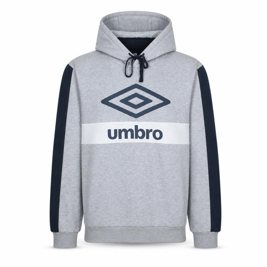 Front view of Umbro men’s grey pullover hoodie l sports logo hooded sweatshirt