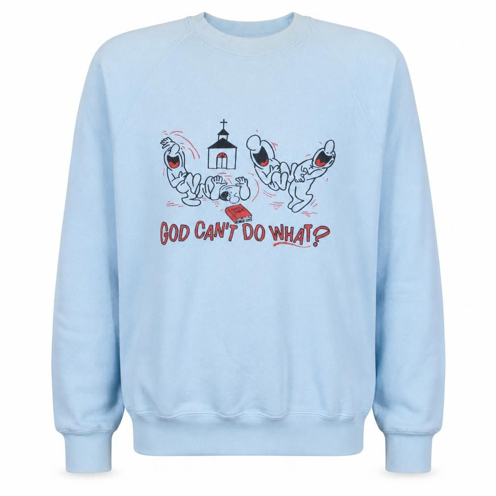 Front view of Fruit of the Loom men’s blue funny graphic pullover sweatshirt l