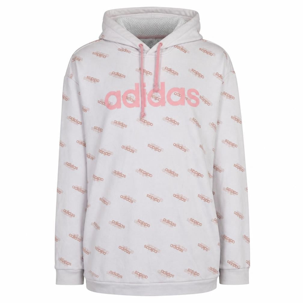 Front view of Adidas women’s white pink logo print pullover hoodie, size S, 8-10