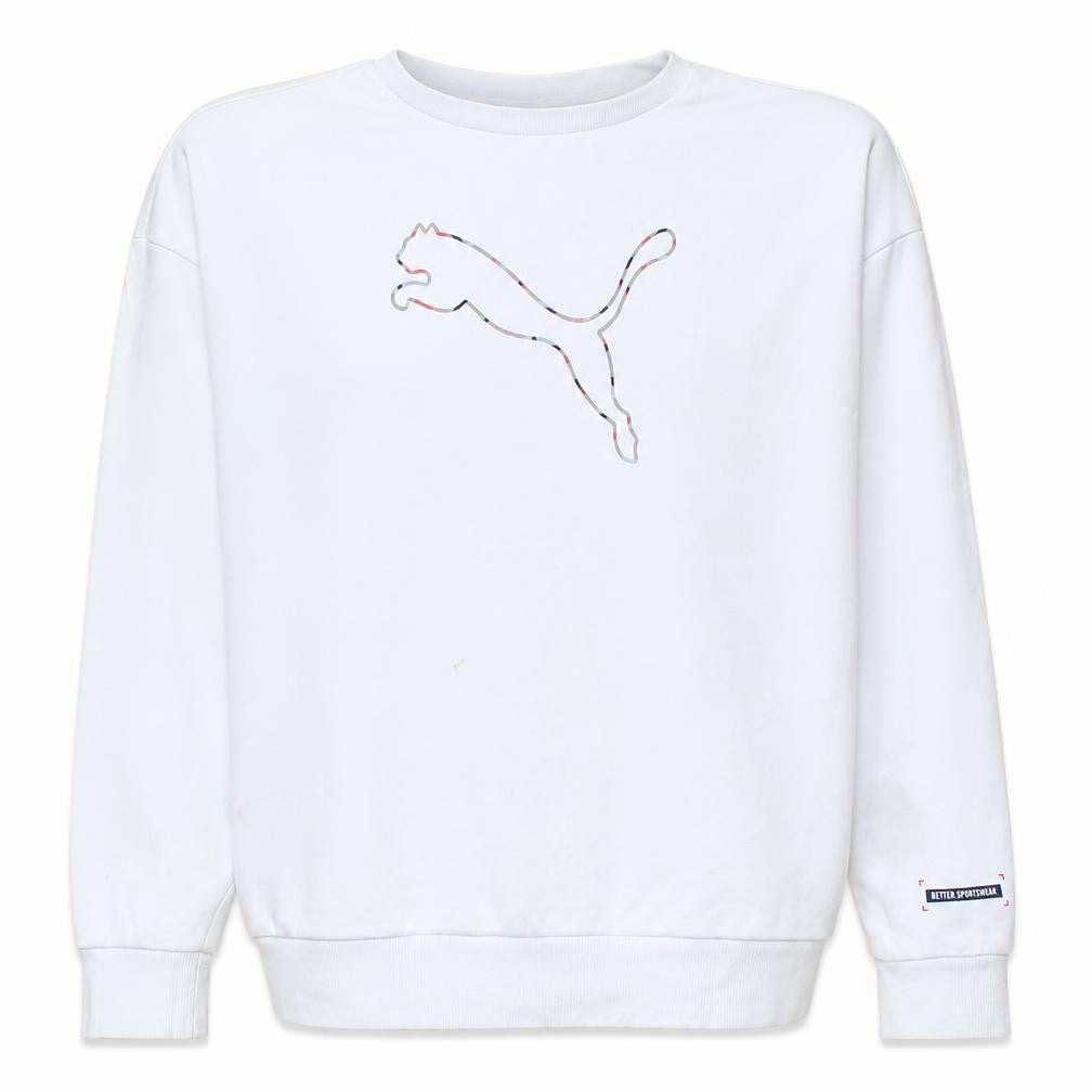 Front view of Puma women’s white medium crew neck pullover sweatshirt