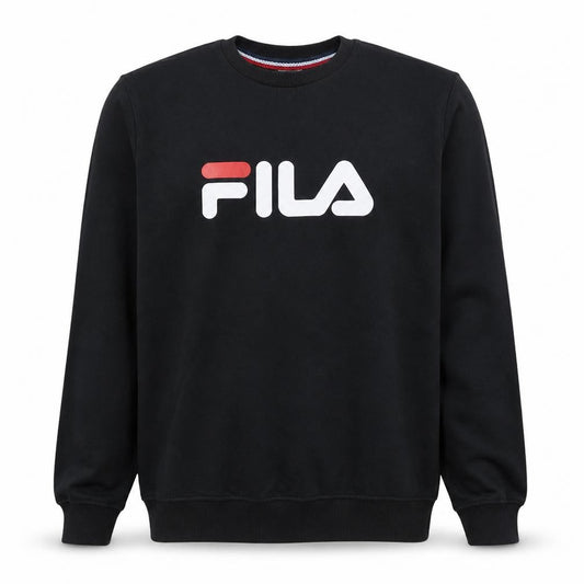 Front view of Fila men’s black small logo crew neck pullover sweatshirt