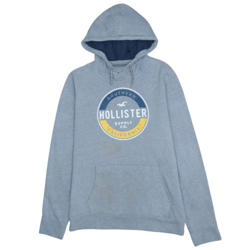 Hollister Men Blue Pullover Hoodie L Fleece Graphic Print Casual