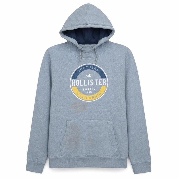 Hollister Men Blue Pullover Hoodie L Fleece Graphic Print Casual