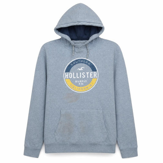 Front view of Hollister Men Blue Pullover Hoodie L Fleece Graphic Print Casual
