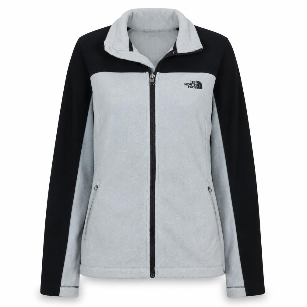 Front view of The North Face women’s grey fleece full zip jacket, size S