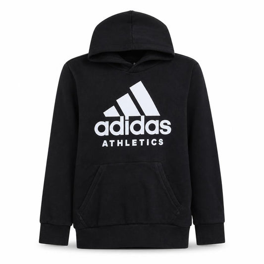 Front view of Adidas Men’s Black Pullover Hoodie Small Logo Fleece Sweatshirt
