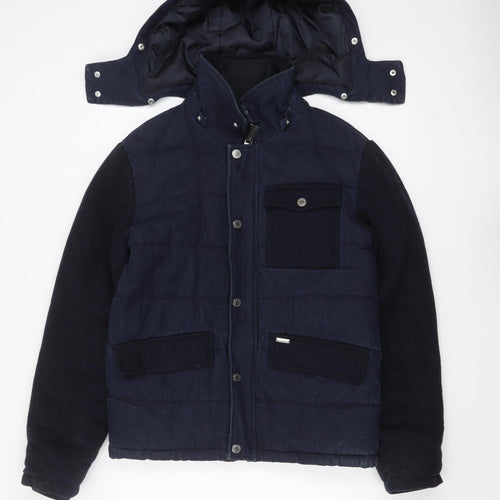 Zara Man Blue Puffer Jacket Men's M Hooded Winter Denim Cotton Blend