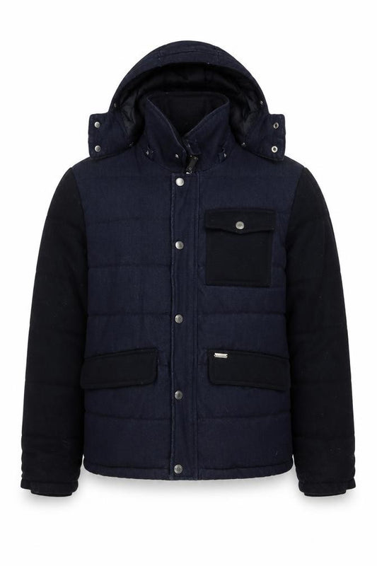 Front view of Zara Man Blue Puffer Jacket Men's M Hooded Winter Denim Cotton Blend