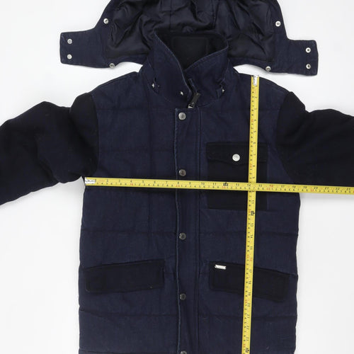 Zara Man Blue Puffer Jacket Men's M Hooded Winter Denim Cotton Blend