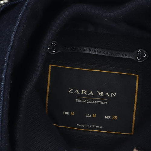 Zara Man Blue Puffer Jacket Men's M Hooded Winter Denim Cotton Blend