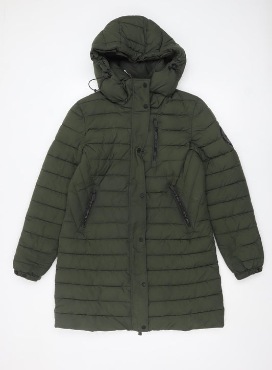 Superdry Women's Green Puffer Coat Hooded UK 12 Longline Winter Jacket
