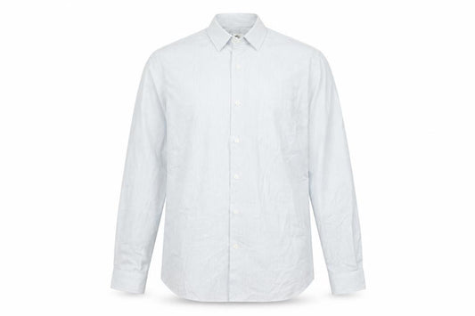 Front view of Lacoste Men's Blue Slim Fit Long Sleeve Striped Dress Shirt, size 41