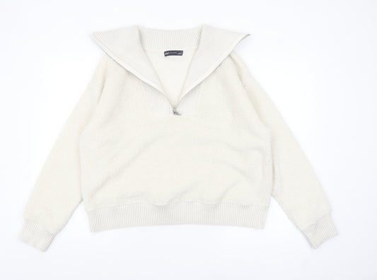 Marks and Spencer Women Ivory 1/4 Zip Fleece Pullover Sweatshirt Size M