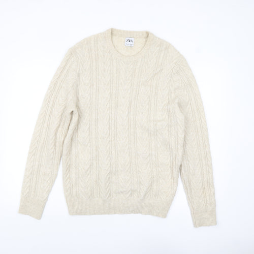 ZARA Mens Beige Cable-Knit Wool Blend Pullover Jumper L