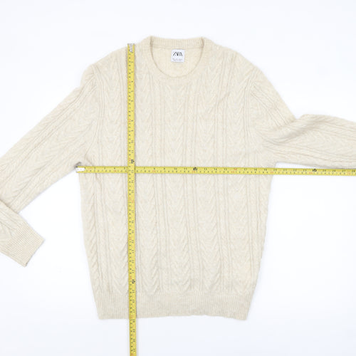 ZARA Mens Beige Cable-Knit Wool Blend Pullover Jumper L