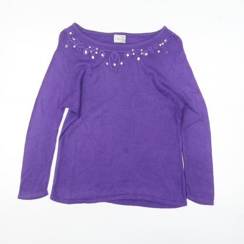 Eastex Women's Purple Beaded Boat Neck Acrylic Jumper Size 12