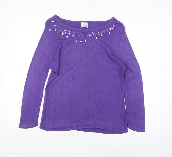 Eastex Women's Purple Beaded Boat Neck Acrylic Jumper Size 12