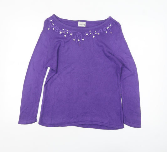 Eastex Women's Purple Beaded Boat Neck Acrylic Jumper Size 12