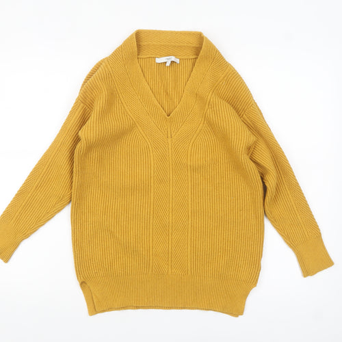Next Women Yellow V-Neck Long Sleeve Ribbed Pullover Jumper Size S