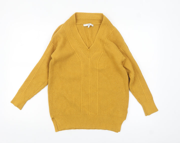 Next Women Yellow V-Neck Long Sleeve Ribbed Pullover Jumper Size S