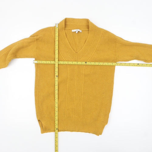 Next Women Yellow V-Neck Long Sleeve Ribbed Pullover Jumper Size S