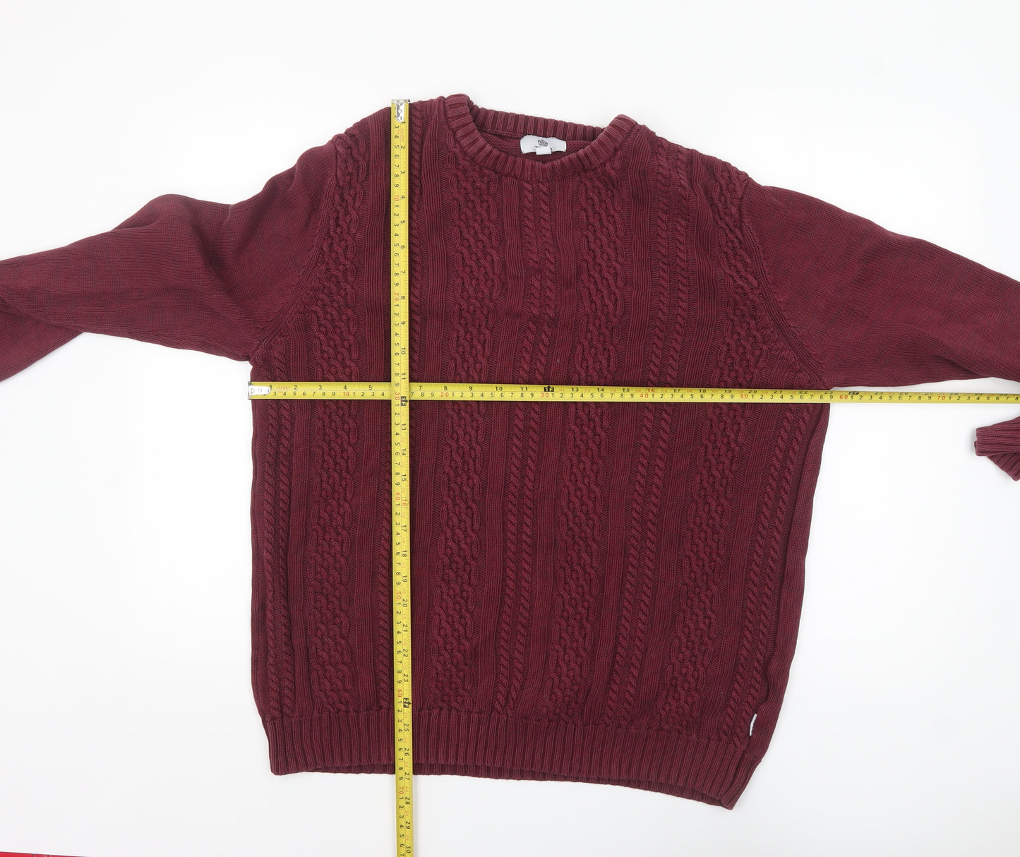 TOG24 Men’s Red Cotton Cable-Knit Crew Neck Jumper XL