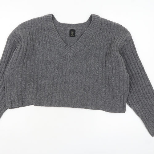 Urban Outfitters Women’s Grey V-Neck Ribbed Knit Jumper M