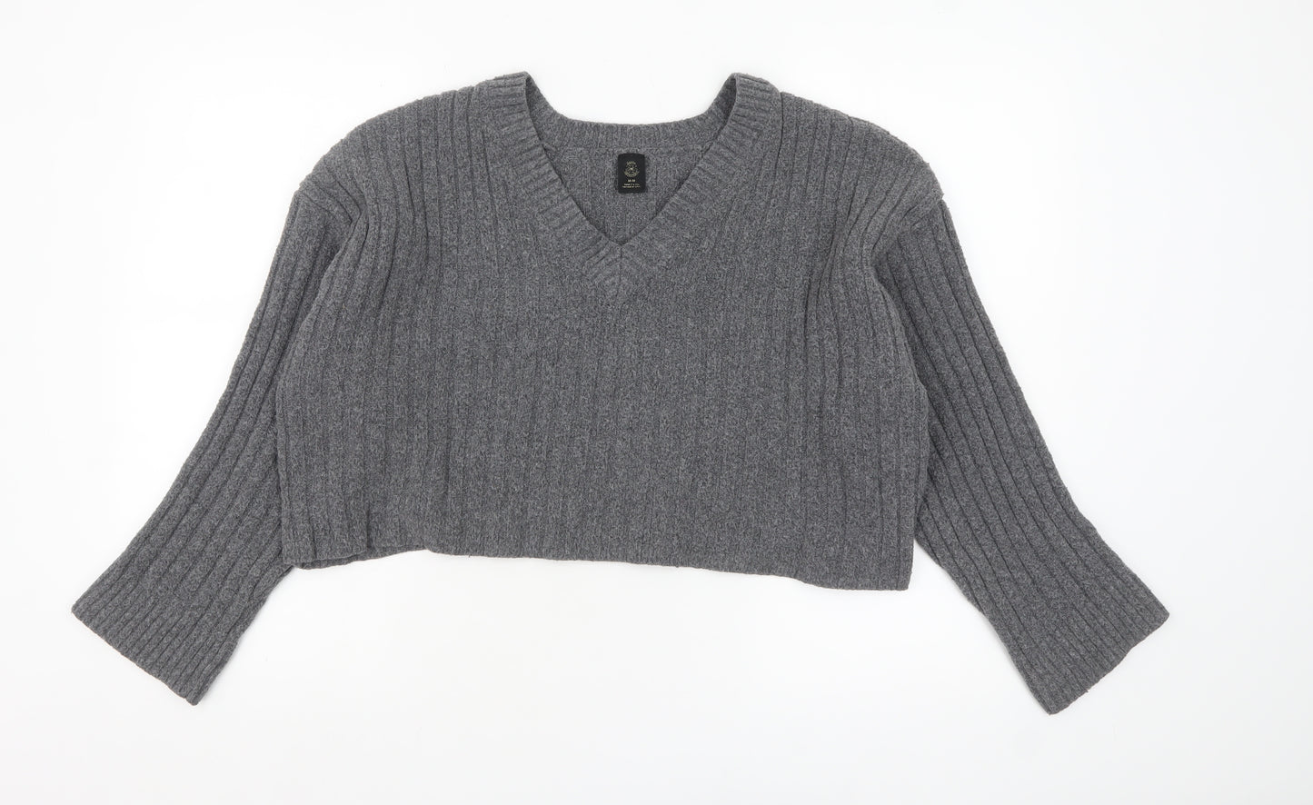 Urban Outfitters Women’s Grey V-Neck Ribbed Knit Jumper M