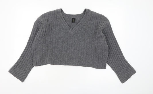Urban Outfitters Women’s Grey V-Neck Ribbed Knit Jumper M