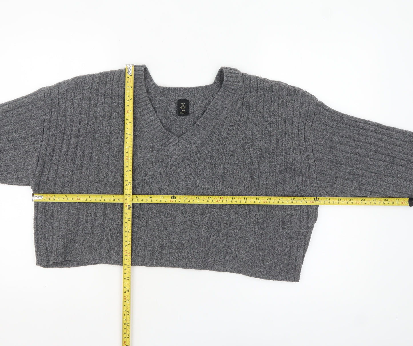 Urban Outfitters Women’s Grey V-Neck Ribbed Knit Jumper M