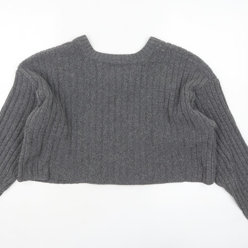 Urban Outfitters Women’s Grey V-Neck Ribbed Knit Jumper M