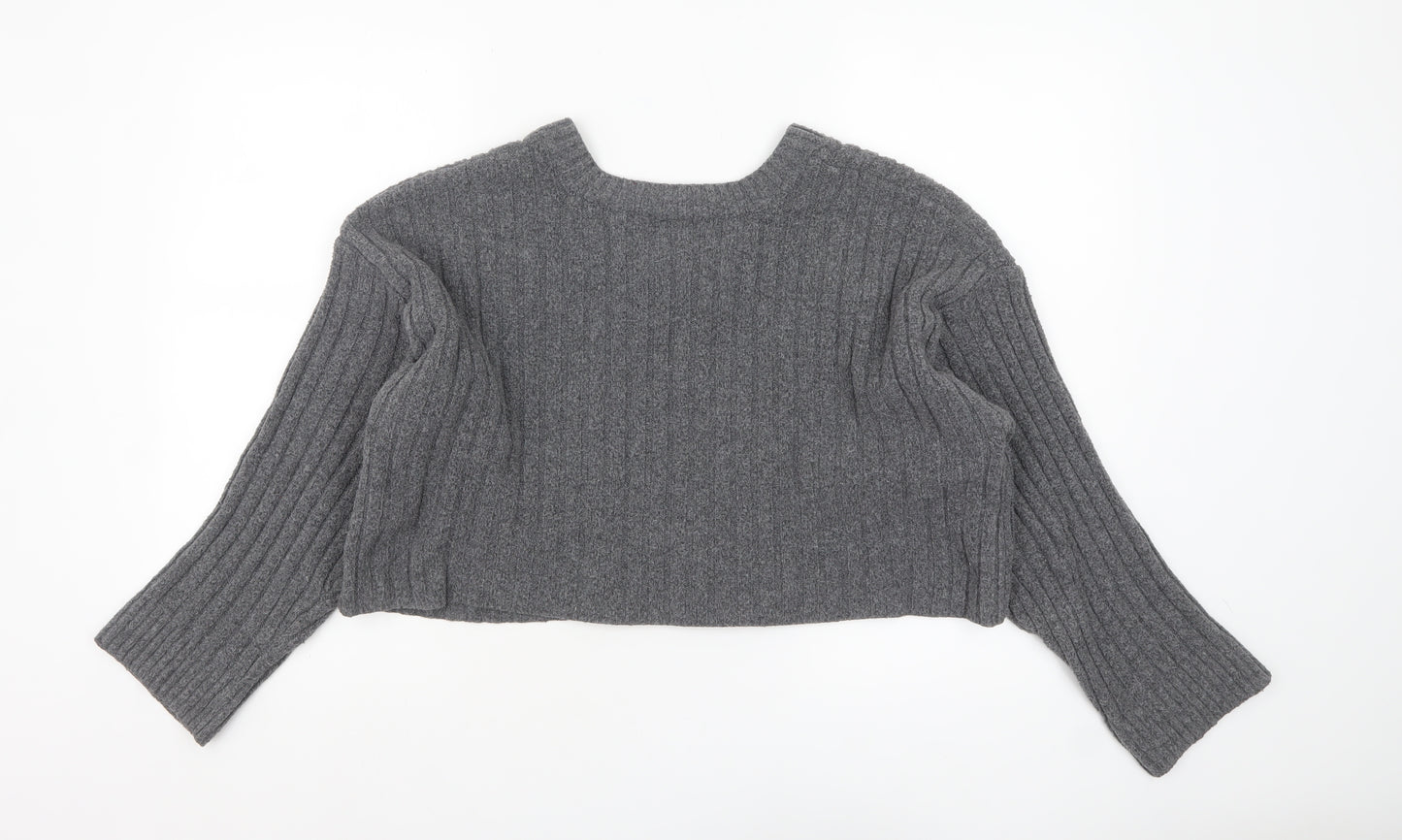 Urban Outfitters Women’s Grey V-Neck Ribbed Knit Jumper M