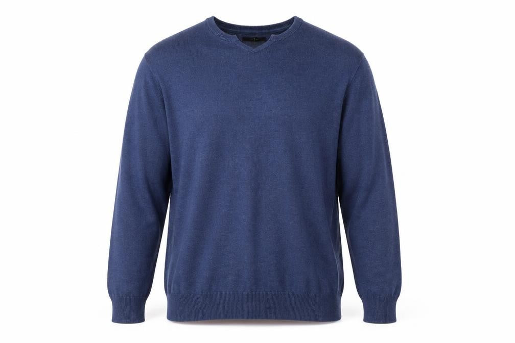 Front view of Jasper Conran Men’s Blue Cotton V-Neck Jumper, size L