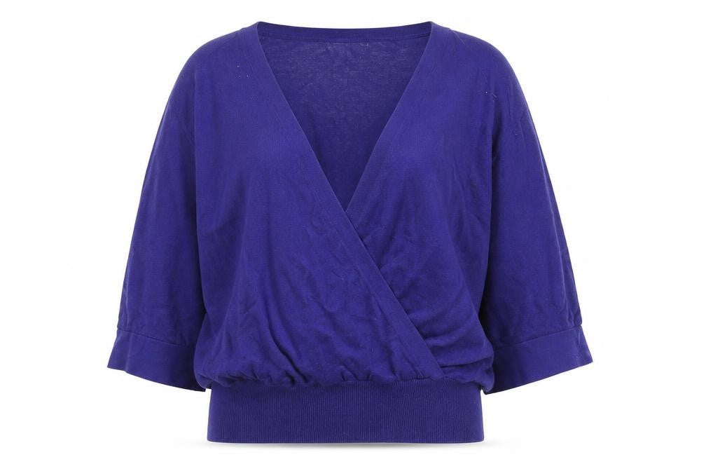 Front view of WoolOvers Women's Purple Linen Cotton Wrap Jumper, size L