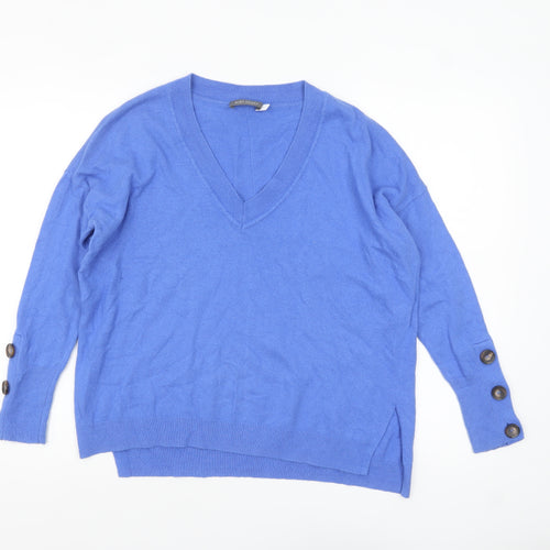 Mint Velvet Women's Blue V-Neck Button Sleeve Pullover Jumper Size S
