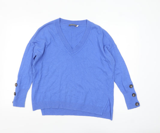 Mint Velvet Women's Blue V-Neck Button Sleeve Pullover Jumper Size S