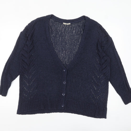 Tu Women Navy Blue Open-Knit V-Neck Button Cardigan Size 18