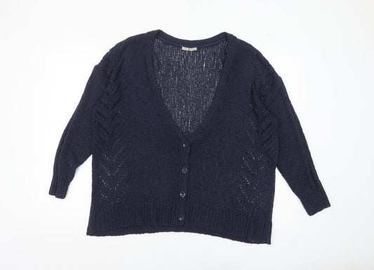 Tu Women Navy Blue Open-Knit V-Neck Button Cardigan Size 18