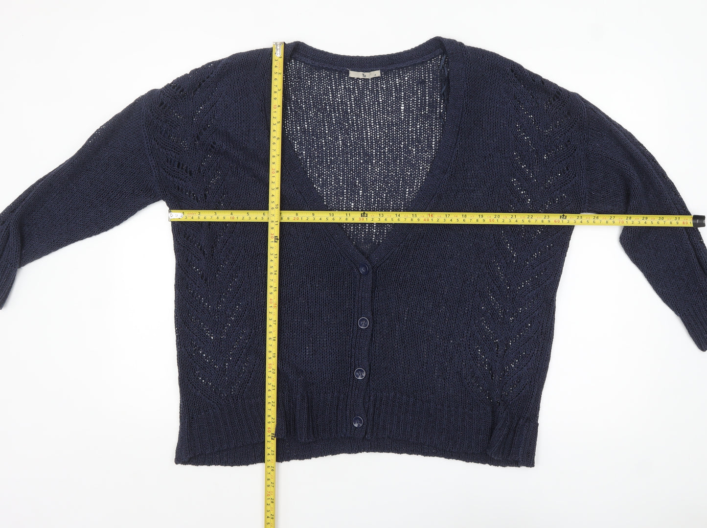 Tu Women Navy Blue Open-Knit V-Neck Button Cardigan Size 18
