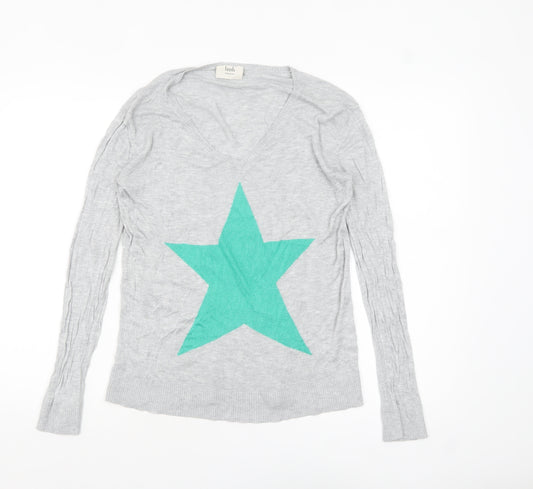 Hush Women’s Grey V-Neck Star Jumper Bamboo Knit Size S