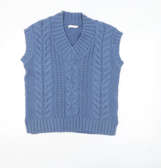 Cotton Traders Women Blue Cable-Knit Acrylic Sleeveless Vest Jumper Size 12