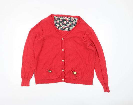 Joe Browns Women Red Cotton Cardigan Size 20 V-Neck Button Up Knitwear