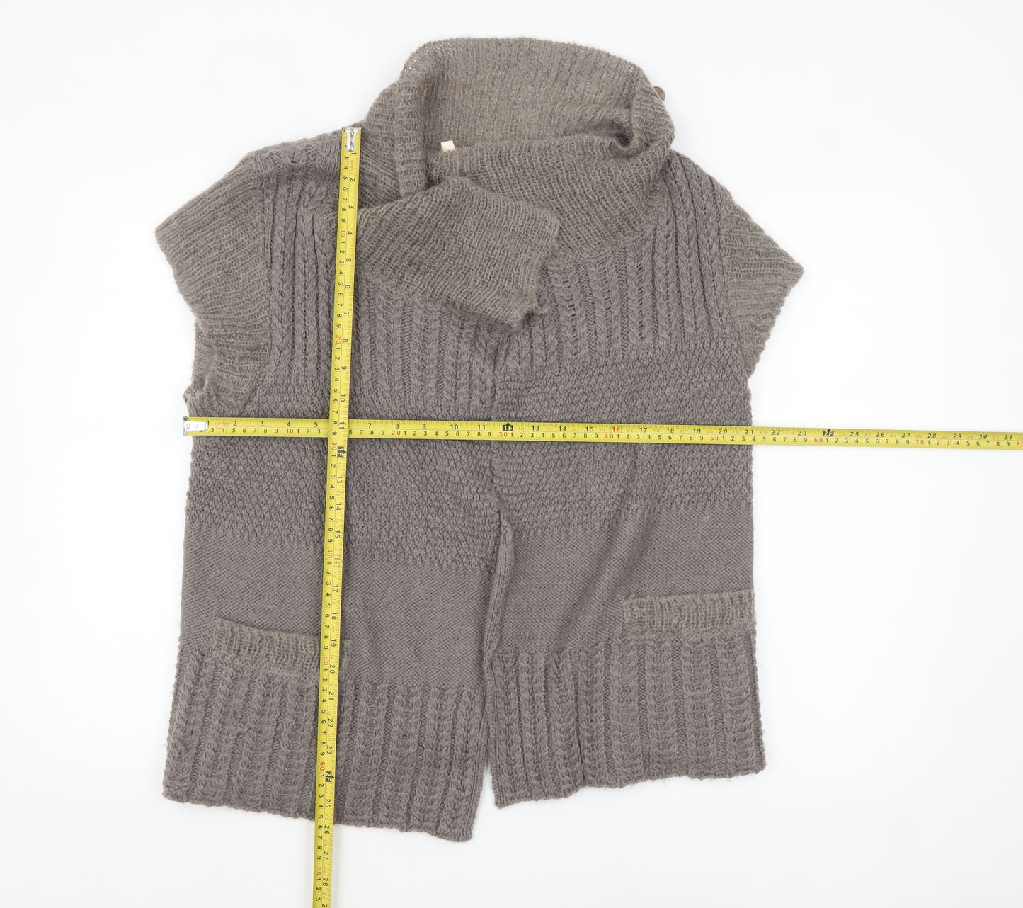 White Stuff Women’s Grey Wool Blend Short Sleeve Chunky Knit Cardigan Size 16