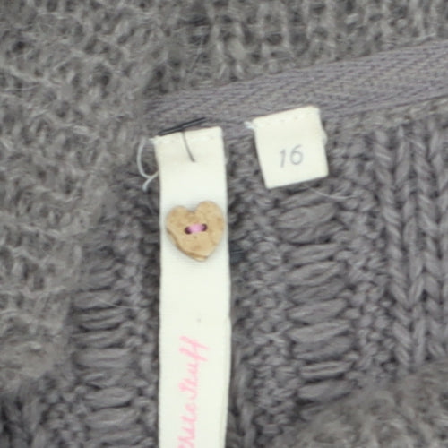 White Stuff Women’s Grey Wool Blend Short Sleeve Chunky Knit Cardigan Size 16