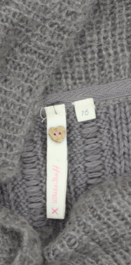 White Stuff Women’s Grey Wool Blend Short Sleeve Chunky Knit Cardigan Size 16