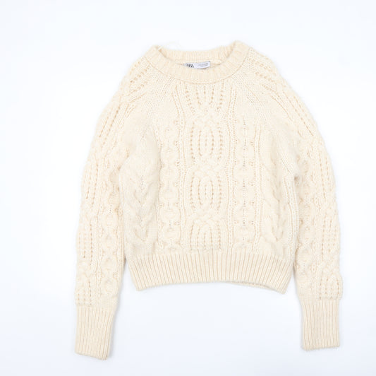 Zara Women Ivory Cable-Knit Wool Blend Pullover Jumper M